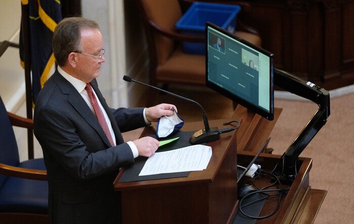 (Francisco Kjolseth  | The Salt Lake Tribune) Senate President Stuart Adams opens Utah State Legislature 2021 legislative session at the Capitol in Salt Lake City on Tuesday, Jan. 19, 2021.
