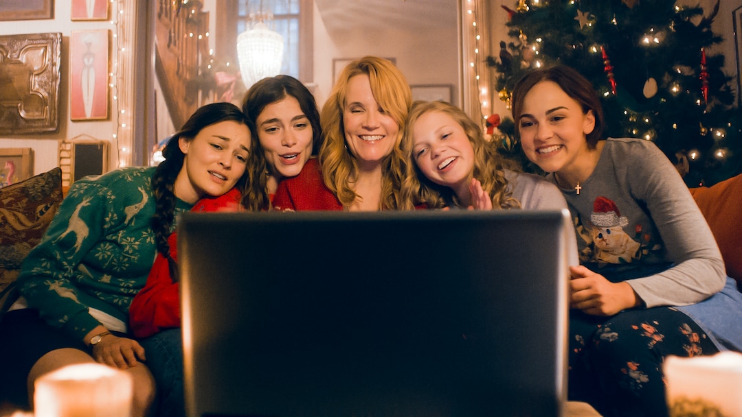 (Photo courtesy Pinnacle Peak Pictures) Marmee (Lea Thompson, center) and her daughters — from left, Meg (Melanie Stone), Jo (Sarah Davenport), Amy (Elise Jones) and Beth (Allie Jennings) — talk over Skype with Mr. March (Bart Johnson), in a scene from director Clare Niederpruem's modern-day adaptation of Louisa May Alcott's "Little Women."