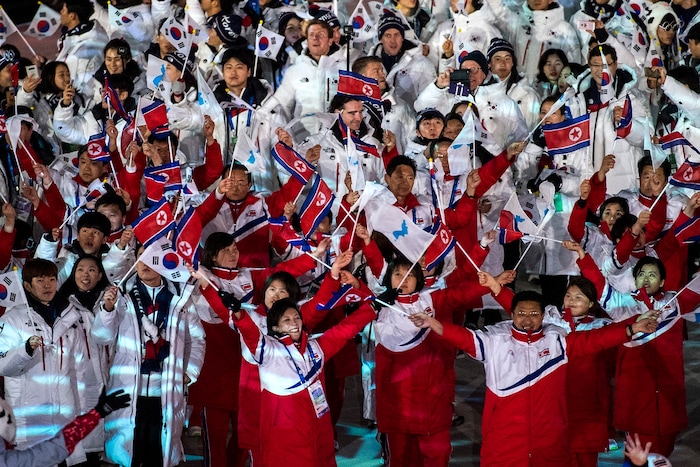 (Chris Detrick | The Salt Lake Tribune) Athletes from North Korea and South Korea are introduced during the PyeongChang 2018 Olympic Winter Games Closing Ceremony at Olympic Stadium Sunday, Feb. 25, 2018.
