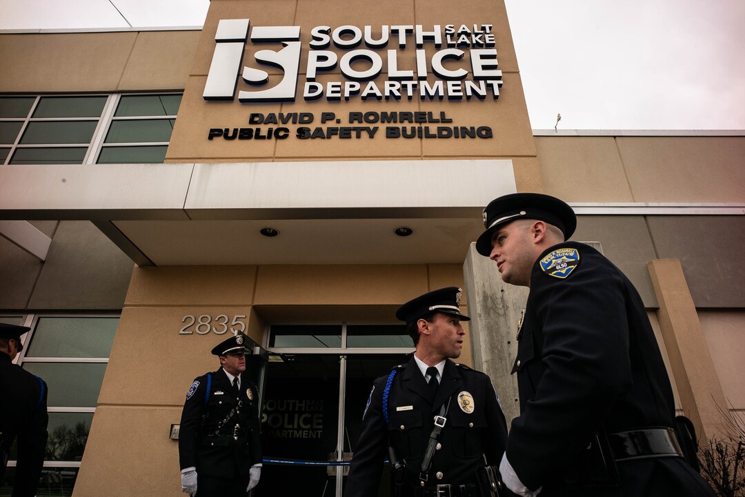 (Trent Nelson  |  The Salt Lake Tribune) The David P. Romrell Public Safety Building in South Salt Lake on Sunday Nov. 24, 2019. The building is named after Officer Romrell, who was killed in the line of duty on Nov. 24, 2018 - one year ago.