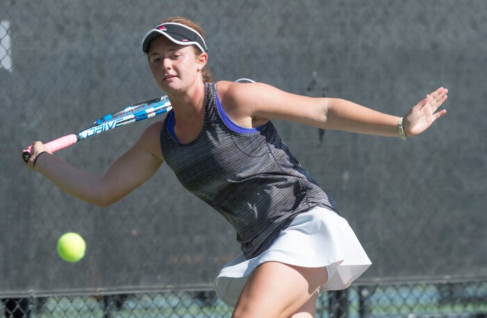 (Rick Egan  |  The Salt Lake Tribune)    Emma Jewell, Olympus, plays Emily Astle, Alta, in the 5A State High School tennis championship game. Friday, October 6, 2017.
