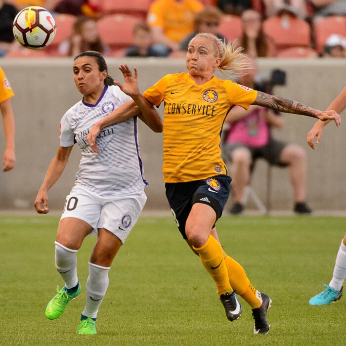 (Trent Nelson | The Salt Lake Tribune)  Utah Royals host Orlando Pride at Rio Tinto Stadium in Sandy, Wednesday May 9, 2018. Orlando Pride forward Marta (10) and Utah Royals FC midfielder Gunnhildur Jónsdóttir (23).