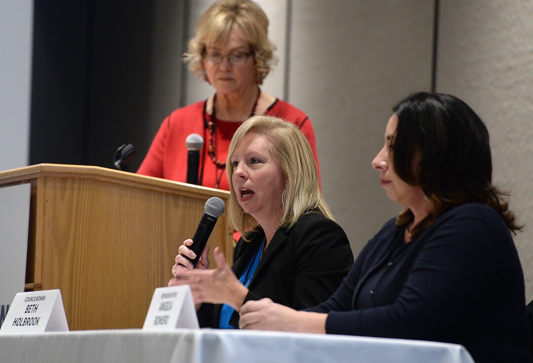 (Scott Sommerdorf   |  The Salt Lake Tribune)   Coucilwoman Beth Holbrook, center, speaks at the panel discussion: Tales from the Trail at the Real Women Run training in campaign management, fundraising and research for political campaigns, Saturday, January 13, 2018.