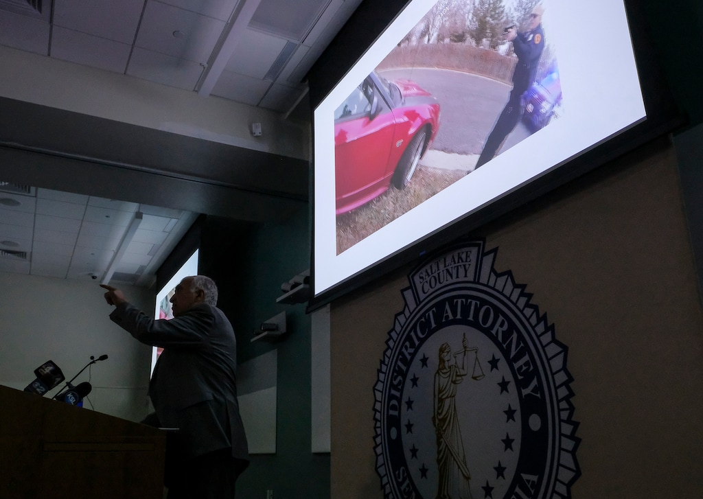 (Leah Hogsten  |  The Salt Lake Tribune) Salt Lake District Attorney Sim Gill ruled that the Jan. 8, 2020 shooting of Tyler Webster by two Salt Lake City police officers is justified during a press conference at the DA's office, Friday, August 21, 2020. According to Gill, the encounter between police and Webster began over a stolen vehicle. Webster was accused of trying to flee from officers in a stolen vehicle by driving in reverse. Gill said Webster refused to leave the vehicle, even after one of the officers used a Taser to try to subdue him. Webster began revving the engine as evidence he intended to harm the officers.