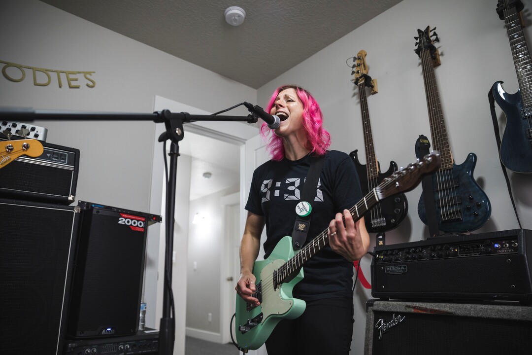 (Clark Clifford  |  For The Salt Lake Tribune) Elaine Bradley of Noble Bodies, practices for an upcoming show in the band's rehearsal space in Orem on Saturday, Aug. 3, 2019.