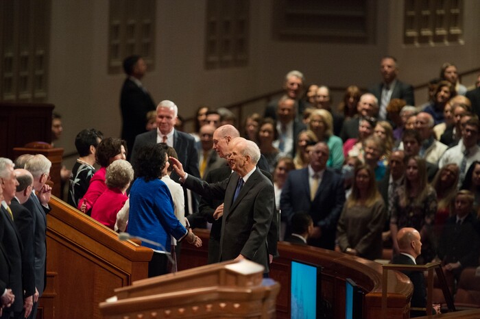 (Rick Egan  |  The Salt Lake Tribune)         President Russel M. Nelson greets his wife Wendy, before the Saturday morning session of the 188th Annual General Conference in Salt Lake City,  Saturday, March 31, 2018.