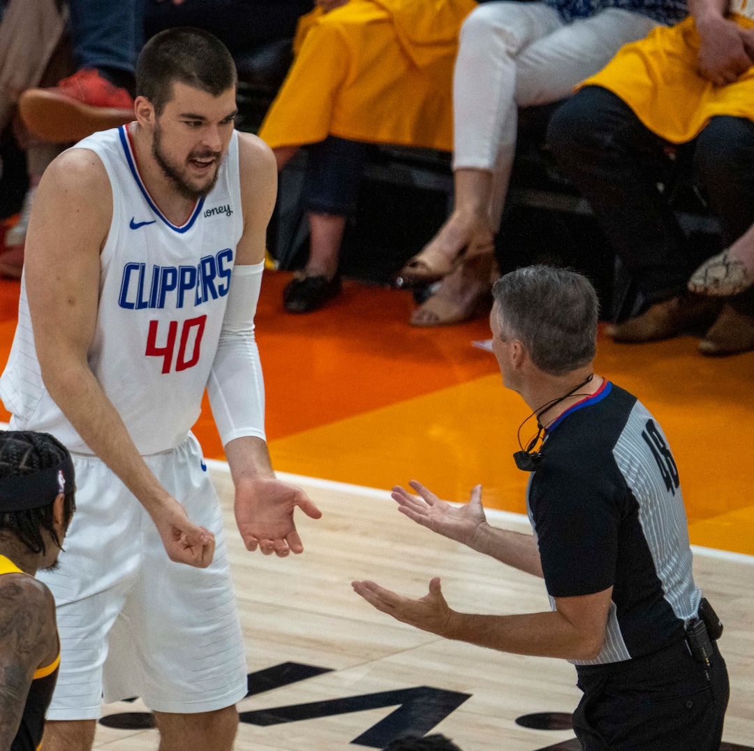 (Rick Egan | The Salt Lake Tribune) LA Clippers center Ivica Zubac (40) pleads his case to referee Scott Foster (48), in second round playoff action in game 2 between the Utah Jazz and the LA Clippers, at Vivint Arena, on Thursday, June 10, 2021.