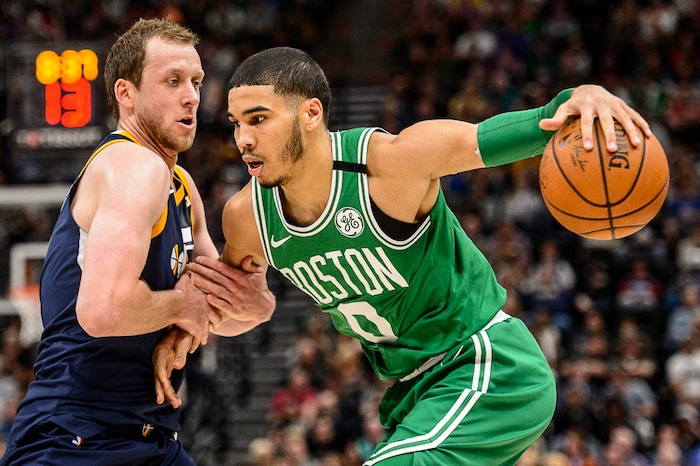 (Trent Nelson | The Salt Lake Tribune)  
Utah Jazz vs. Boston Celtics, NBA basketball in Salt Lake City, Wednesday March 28, 2018. Utah Jazz forward Joe Ingles (2) defends Boston Celtics forward Jayson Tatum (0).