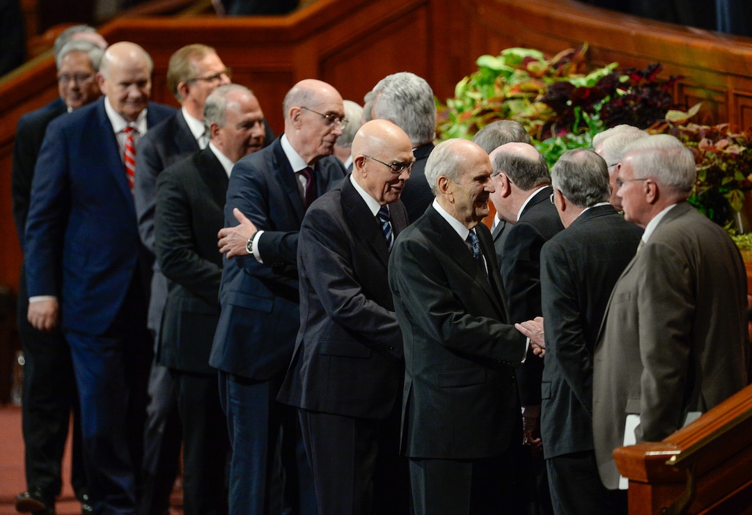 (Francisco Kjolseth  |  The Salt Lake Tribune)  President Russell M. Nelson, center right, along with the rest of church leadership exit following the conclusion of the 189th twice-annual General Conference of The Church of Jesus Christ of Latter-day Saints at the Conference Center in Salt Lake City on Sunday, Oct. 6, 2019.
