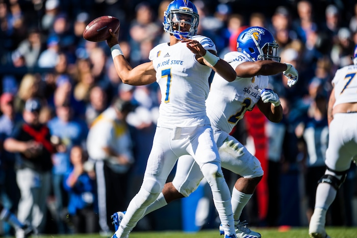 (Chris Detrick  |  The Salt Lake Tribune)  San Jose State Spartans quarterback Montel Aaron (7) throws the ball during the game at LaVell Edwards Stadium Saturday, October 28, 2017.  