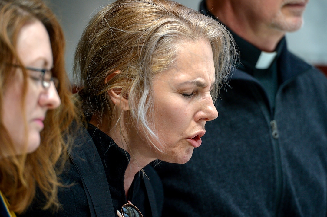 Leah Hogsten  |  The Salt Lake Tribune  Zen Buddhist Anna Zumwalt chants with faith leaders in opposition to SB96 outside the Utah House chambers, Feb. 8, 2019. 
