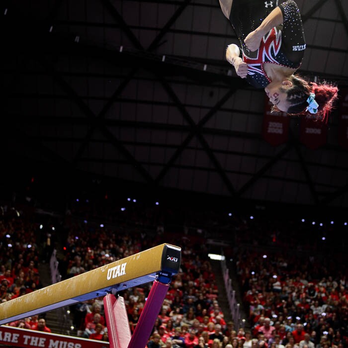 (Trent Nelson | The Salt Lake Tribune)  Kari Lee on beam as Utah hosts Washington, NCAA gymnastics in Salt Lake City, Saturday February 3, 2018.