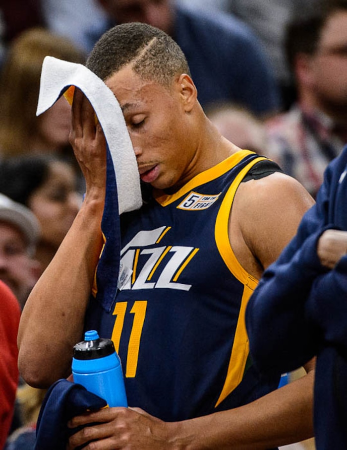(Trent Nelson | The Salt Lake Tribune)  
Utah Jazz vs. Boston Celtics, NBA basketball in Salt Lake City, Wednesday March 28, 2018. Utah Jazz guard Dante Exum (11).