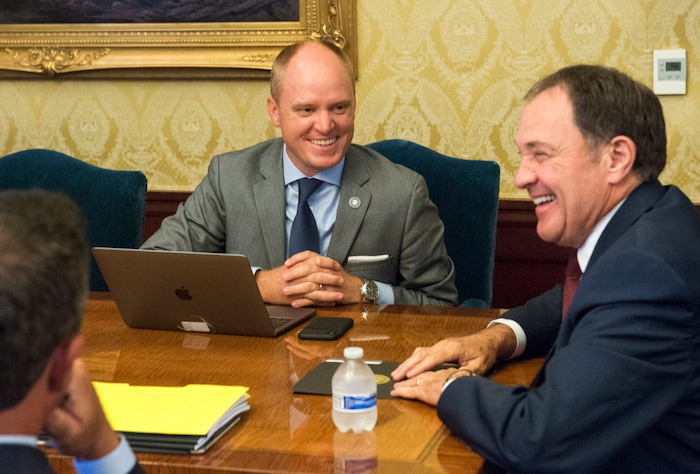 (Rick Egan  |  The Salt Lake Tribune)      Justin Harding, chief of staff for Gov. Herbert, sits in a meeting with Gov. Herbert,  Sen. Stuart Adams and Rep. Brad Wilson, at the governor's office, Tuesday, July 17, 2018.


