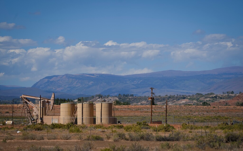 (Bethany Baker | The Salt Lake Tribune) An oil derrick is seen on state trust land within the Uintah and Ouray Reservation in Ballard on Thursday, Sept. 19, 2024. The U.S. Supreme Court will soon weigh in on the environmental impacts of the proposed Uinta Basin Railway, which could quintuple oil experts from the region.