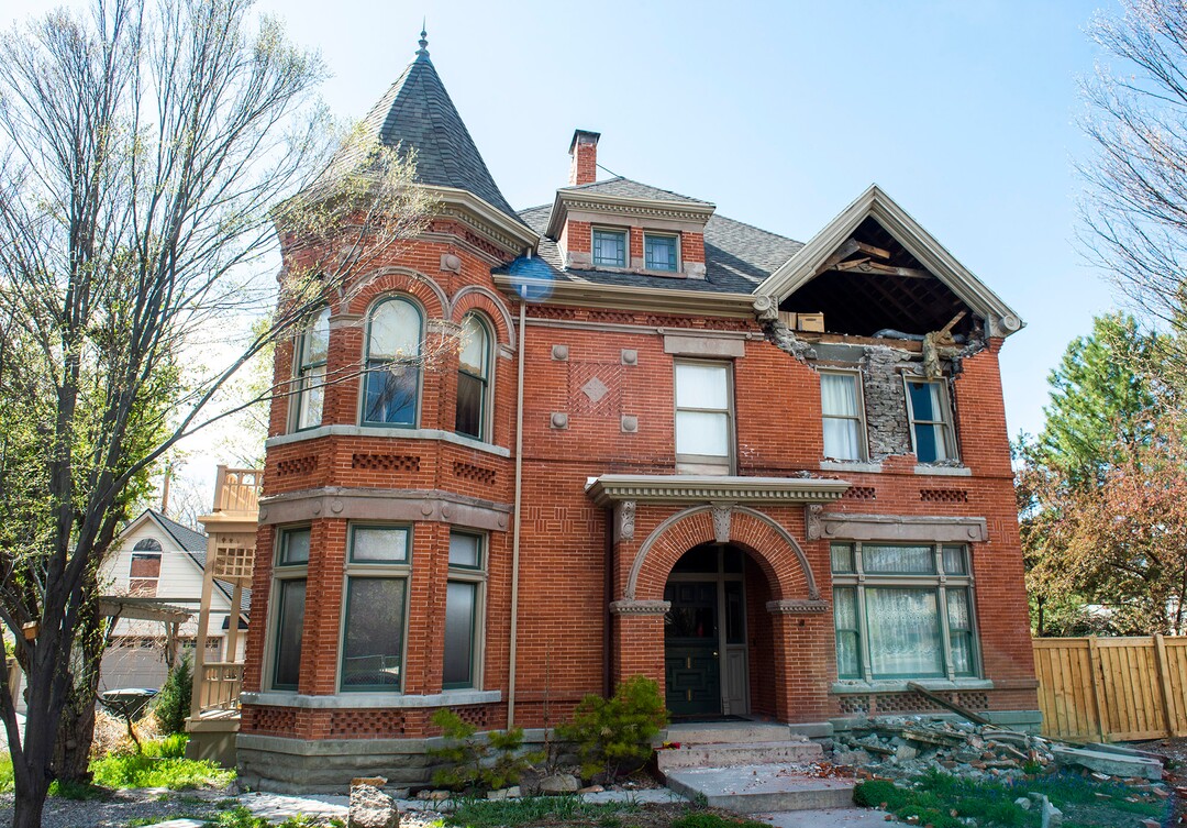 (Rick Egan  |  The Salt Lake Tribune)    Earthquake damaged to the Sears mansion, in Salt Lake City, Monday April 13, 2020