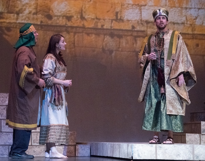 (Rick Egan  |  The Salt Lake Tribune) Nelson Maxfield plays Abram, Catherine Nelson Bohman as Rachel
and Daniel Lofgren as Artaban in a rehearsal Nov. 27 of  "The Other Wise Man," a musical based on the Henry Van Dyke novella that opens Nov. 29 at Wasatch Jr. High.