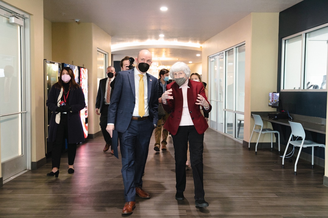 (Rachel Rydalch | The Salt Lake Tribune) Pamela Atkinson and Gov. Spencer Cox take a tour of Pamela’s Place Apartments located in Salt Lake City on  Tuesday, Feb. 15, 2022.