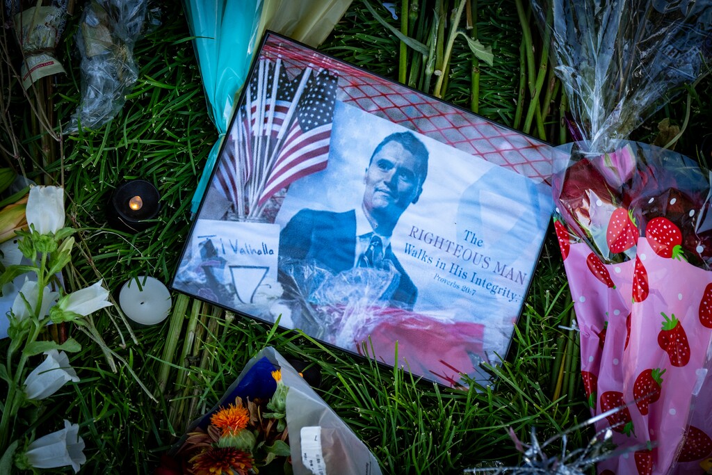 (Rick Egan | The Salt Lake Tribune) Makeshift memorials for Charlie Kirk crop up on Utah Valley University's campus, on Wednesday, Sept. 17, 2025.