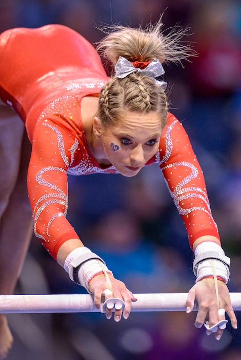 Leah Hogsten | The Salt Lake Tribune Utah's MyKayla Skinner on the bars as No. 3 University of Utah gymnastics team meets BYU gymnastics at the Marriot Center, Jan. 10, 2019.