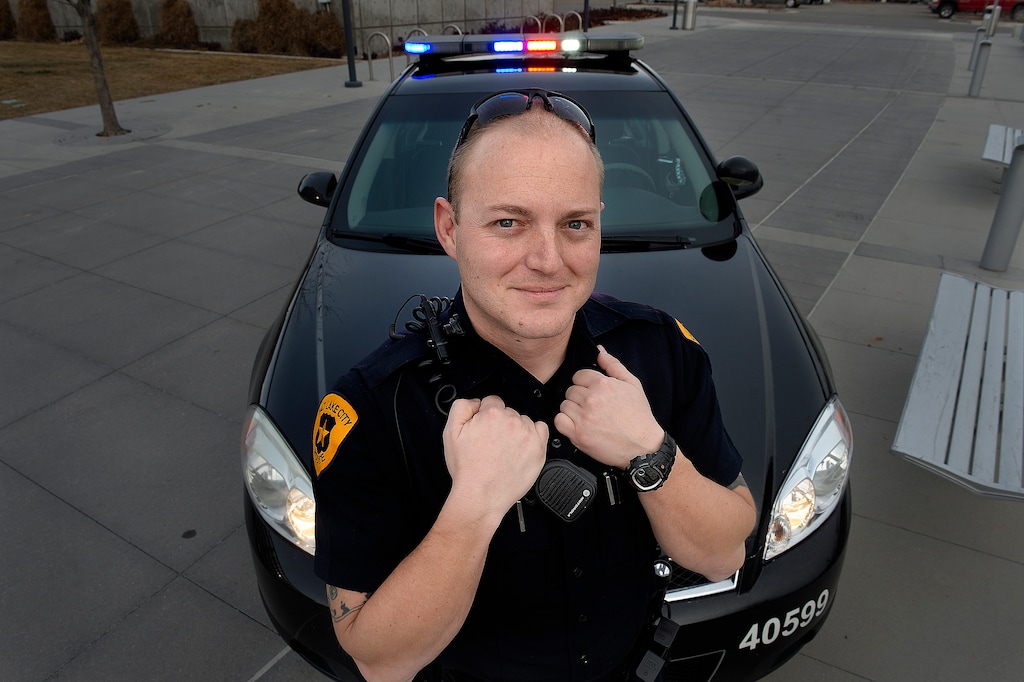 (Scott Sommerdorf | The Salt Lake Tribune) Officer Josh Harris used to be a Draper officer until he got a job with Salt Lake City PD three years ago because SLCPD could pay more and had better opportunities. 
Photographed, Thursday, Feb. 1, 2018.