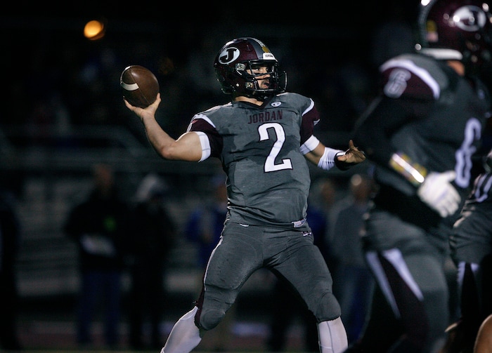 Scott Sommerdorf   |  The Salt Lake TribuneBingham QB Austin Kafentzis rears back to pass during fourth quarter play. Bingham beat Jordan 48-27, Friday, October 11, 2013.