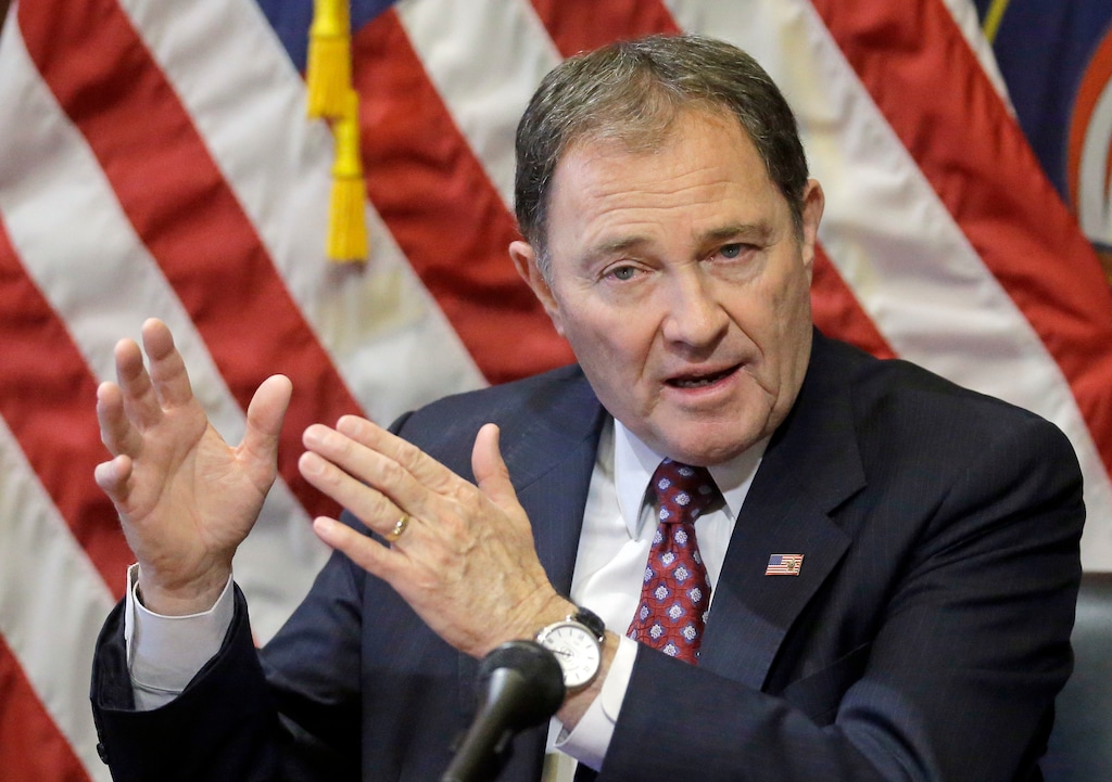 FILE - In this March 2, 2017, file photo, Utah Gov. Gary Herbert speaks during a news conference at the Utah State Capitol, in Salt Lake City. Herbert is calling the Legislature into a special session to approve revisions for a planned massive shipping hub in Salt Lake City. (AP Photo/Rick Bowmer, File)