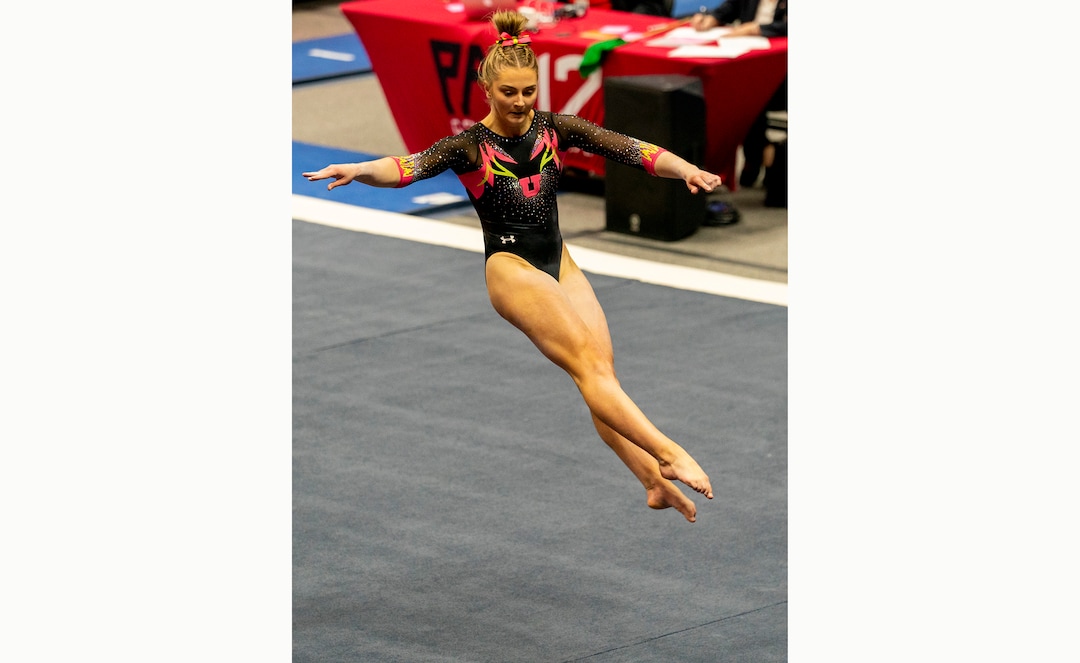 (Rick Egan | The Salt Lake Tribune) Lucy Stanhope competes on the floor for Utah, in PAC-12 gymnastics action Utah vs Arizona, at the Huntsman Center on Saturday, Jan. 23, 2021.