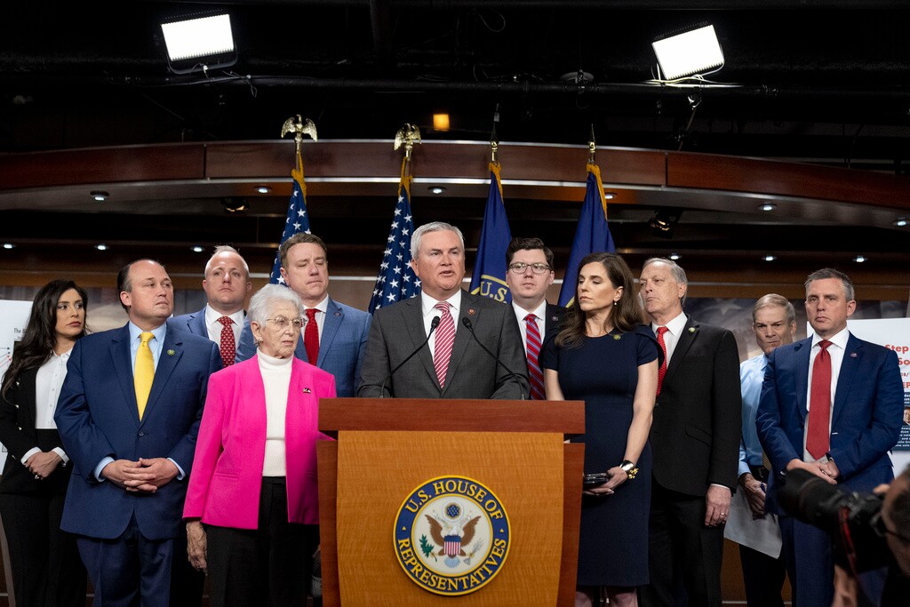 (Andrew Harnik | AP Photo) House Committee on Oversight and Accountability Chairman Rep. James Comer Jr., R-Ky., center, accompanied by House Republicans, speaks during a news conference on their investigation into the Biden Family on Capitol Hill in Washington, Wednesday, May 10, 2023.