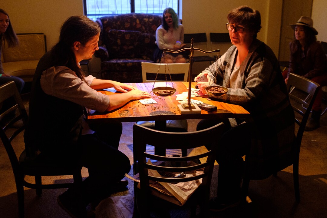 (Trent Nelson  |  The Salt Lake Tribune) Michael Watkiss and Sarah Shippobotham in "Thank You Theobromine," an interactive production that takes place inside a Salt Lake City chocolate factory on Sunday Nov. 17, 2019. For the 90-minute show — Produced by SONDERImmersive — the audience moves in and out of different rooms learning about the life and creative mind of a chocolatier through dance and theater. (The audience gets chocolate, too.)