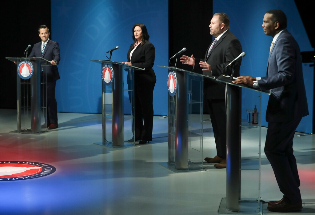 (Steve Griffin | Deseret News, pool) Candidates Trent Christensen, Kim Coleman, Jay McFarland and Burgess Owens, speak during the 4th District GOP Debate at the KUED studios on the University of Utah campus in Salt Lake City on Monday, June 1, 2020. 