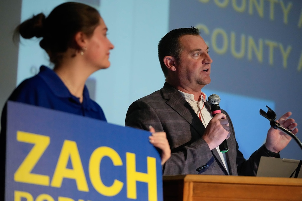 (Francisco Kjolseth | The Salt Lake Tribune) Zach Robinson, running for County Council At-Large A, speaks during the Salt Lake County Democratic Party's convention at Highland High School on Saturday, April 11, 2026.