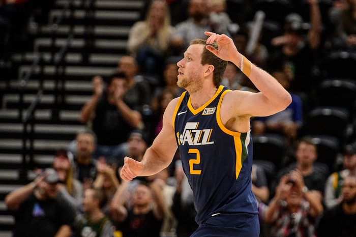 (Trent Nelson | The Salt Lake Tribune)  Utah Jazz forward Joe Ingles (2) celebrates a three-pointer as the Utah Jazz host the Portland Trail Blazers, NBA basketball in Salt Lake City, Wednesday November 1, 2017.