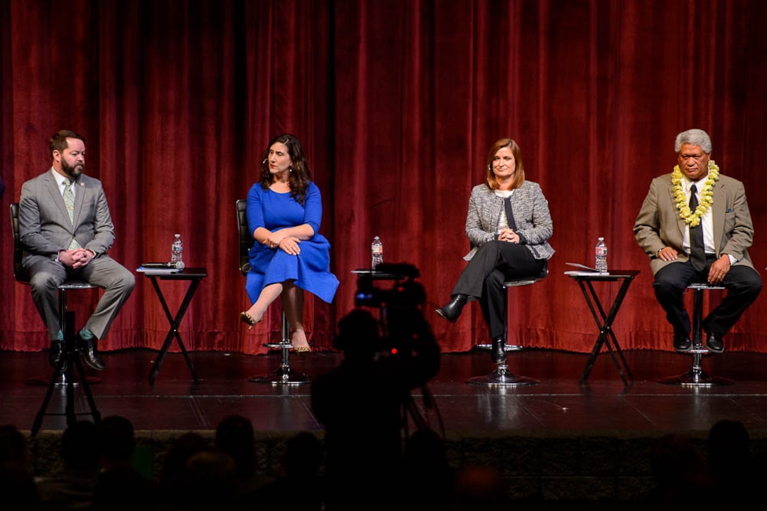 (Trent Nelson | The Salt Lake Tribune)  The four candidates for Salt Lake County mayor face off in a debate at Jordan High School in Sandy on Thursday Jan. 24, 2019. From left, Arlyn Bradshaw, Shireen Ghorbani, Jenny Wilson, and Stone Fonua.