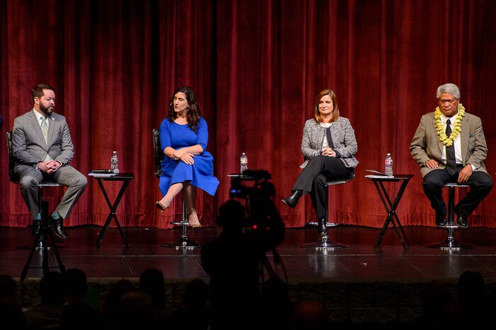 (Trent Nelson | The Salt Lake Tribune)  
The four candidates for Salt Lake County mayor face off in a debate at Jordan High School in Sandy on Thursday Jan. 24, 2019. From left, Arlyn Bradshaw, Shireen Ghorbani, Jenny Wilson, and Stone Fonua.