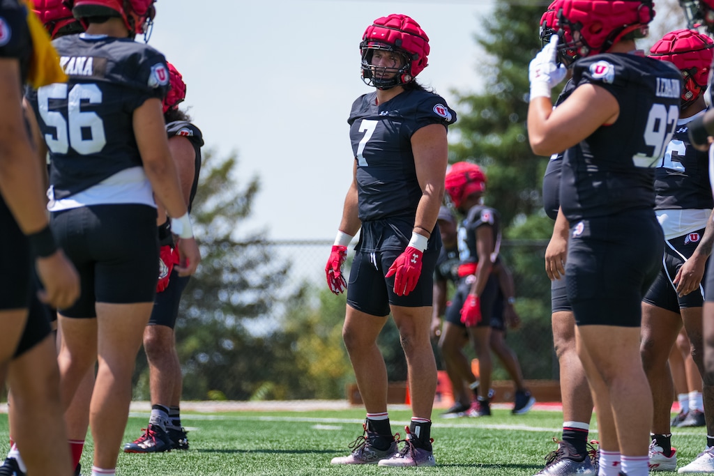 (Eli Rehmer | Utah Athletics) Defensive end Van Fillinger (7) participates in the first day of Utah football fall camp in Salt Lake City on Monday, July 31, 2023.