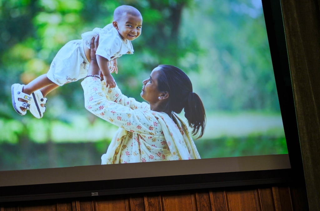 (Francisco Kjolseth | The Salt Lake Tribune) A documentary video is played before the start of a panel discussion led by the General Relief Society Presidency of The Church of Jesus Christ of Latter-day Saints, alongside eight nonprofit organizations, with the aim to improve the health and nutrition programs of women and children around the globe on Thursday, May 5, 2025.