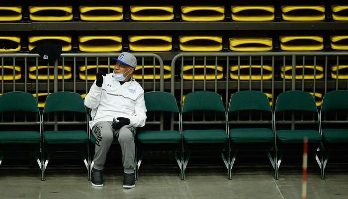 (Francisco Kjolseth  |  The Salt Lake Tribune)  Wayne Tarawhiti gives the thumbs up to family nearby as he supports his daughter Kazna as she plays her quarterfinal match up against Syracuse at the UCCU Center at Utah Valley University on Thursday, Nov. 2, 2017, defeating them in three straight sets. Wayne is battling a form of blood cancer and keeps covered up due to a compromised immune system. 