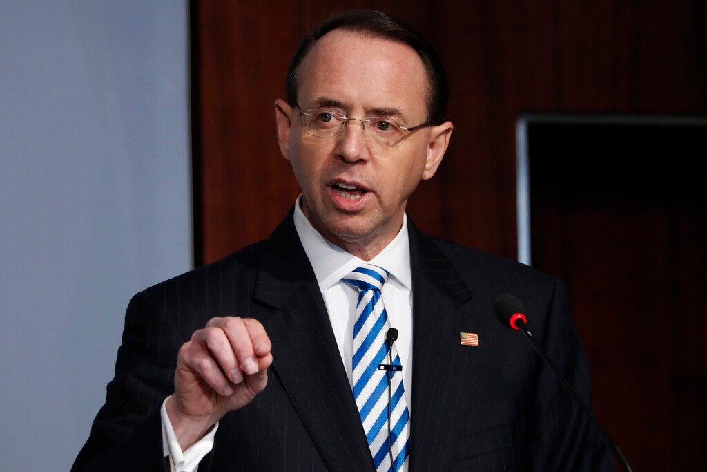 (Jacquelyn Martin | AP file photo) Deputy Attorney General Rod Rosenstein speaks at a Center for Strategic and International Studies (CSIS) event on the rule of law, Monday, Feb. 25, 2019, in Washington. Rosenstein says the Justice Department has “no business making allegations against American citizens” unless it can prove accusations beyond a reasonable doubt in court.