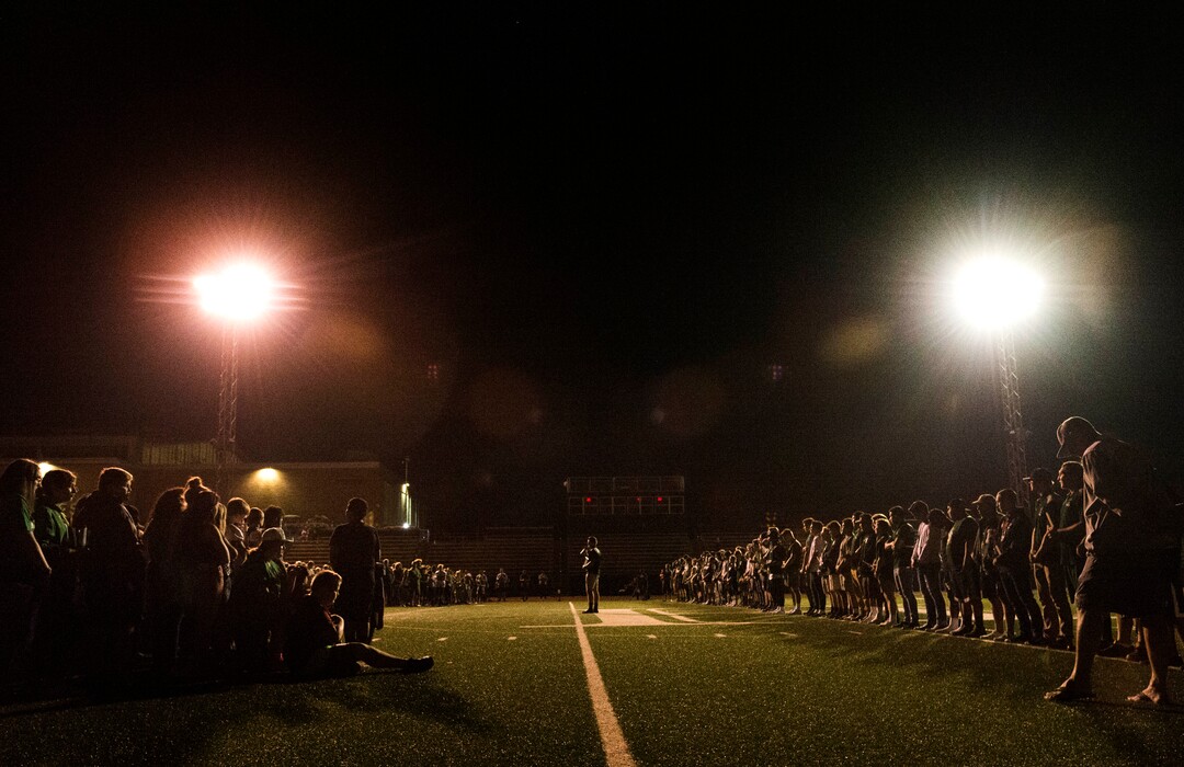 (Rick Egan  |  The Salt Lake Tribune)Hillcrest football player, McKay Ashby says as few words at a candlelight vigil in honor of coach Cazzie Brown, at Hillcrest High School, Monday, August 28, 2017.