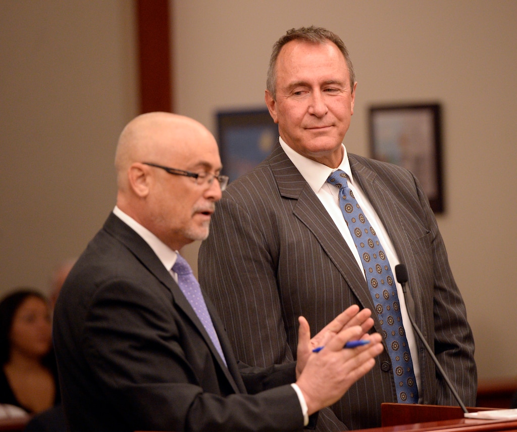 Al Hartmann | The Salt Lake Tribune
Former Utah Attorney General Mark Shurtleff stands with his attorney Richard Van Wagoner, left, as he pleads not guilty to five felonies and two misdemeanors on behalf of his client former Utah Attorney General Mark Shurtleff in Judge Elizabeth Hruby-Mills courtroom in Salt Lake City on Monday, June 29, 2015.