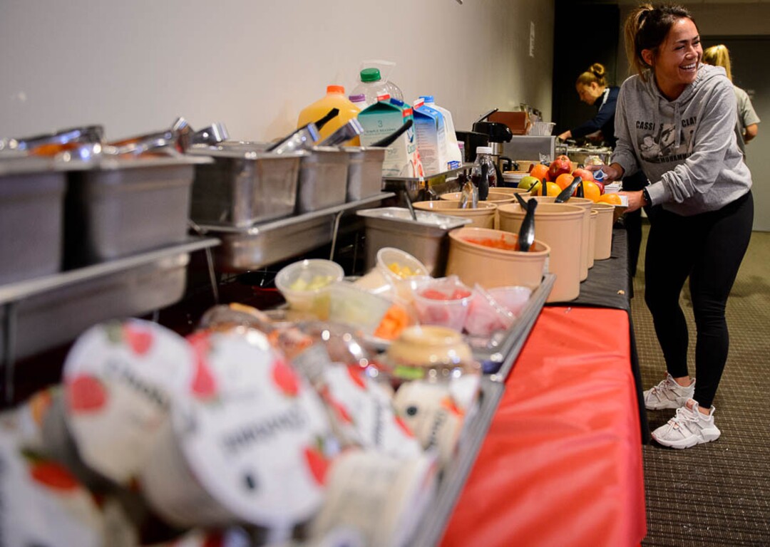 (Trent Nelson | The Salt Lake Tribune)Utah Royals midfielder Lo’eau LaBonta eats breakfast with teammates at Rio Tinto Stadium in Sandy, Friday April 6, 2018.