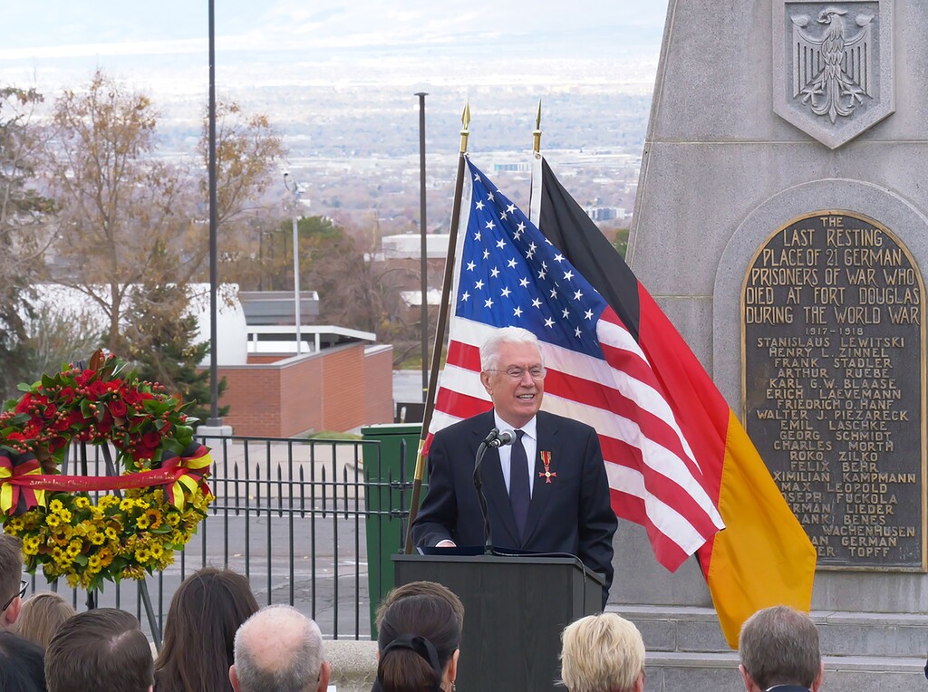 (Michael Stack | Special to The Tribune) Latter-day Saint apostle Dieter F. Uchtdorf delivers remarks at Fort Douglas Cemetery on Sunday, Nov. 16, 2025.