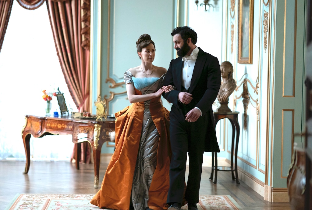 (Alison Cohen Rosa | HBO) Carrie Coon as Bertha Russell and Morgan Spector as George Russell in "The Gilded Age."