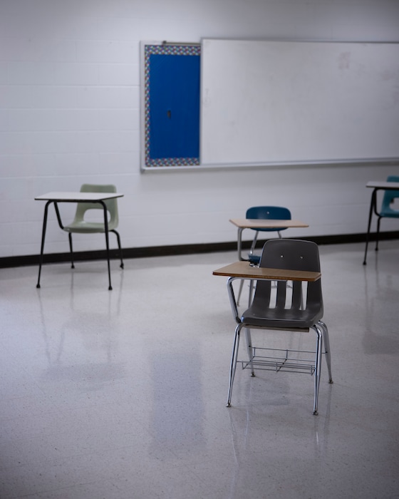 (Brett Carlsen | The New York Times)
Empty desks are spaced out at a high school in Lawrenceburg, Tenn., Sept. 29, 2020. "Remote learning is a disaster, especially for disadvantaged students," writes New York Times columnist David Brooks.