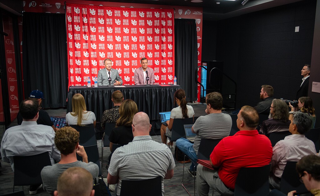 (Chris Samuels | The Salt Lake Tribune) University of Utah president Taylor Randall, left, and athletic director Mark Harlan hold a news conference at Rice-Eccles Stadium after announcing the school’s entrance to the Big 12 Conference, Monday, Aug. 7, 2023.