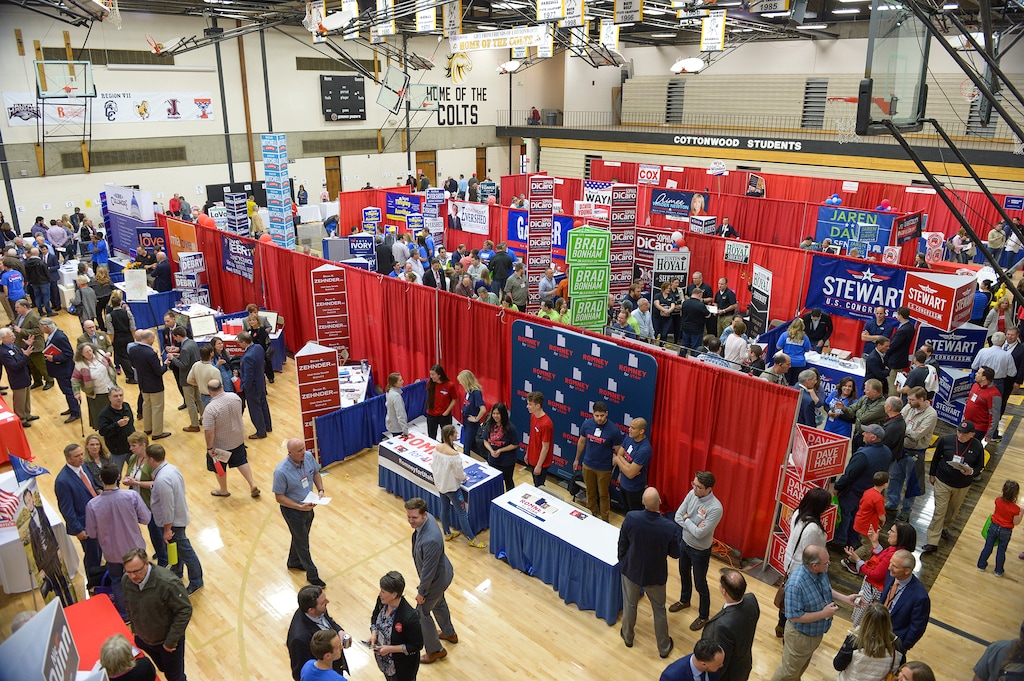(Leah Hogsten | The Salt Lake Tribune) Delegates walk throughout the gymnasium and hallways of Cottonwood High School, listening to candidates and casting their ballots at the Salt Lake County Republican Party Organizing Convention, Friday, April 13, 2018.