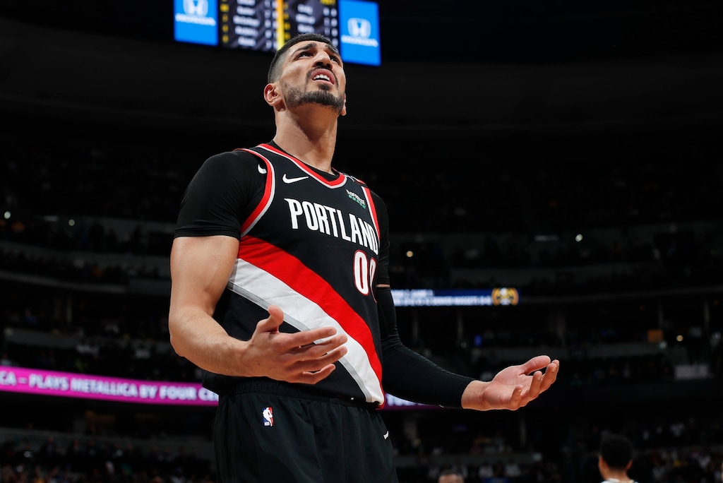 (David Zalubowski | The Associated Press) Portland Trail Blazers center Enes Kanter reacts after being called for a foul against the Denver Nuggets in the first half of Game 1 of an NBA basketball second-round playoff series Monday, April 29, 2019, in Denver.