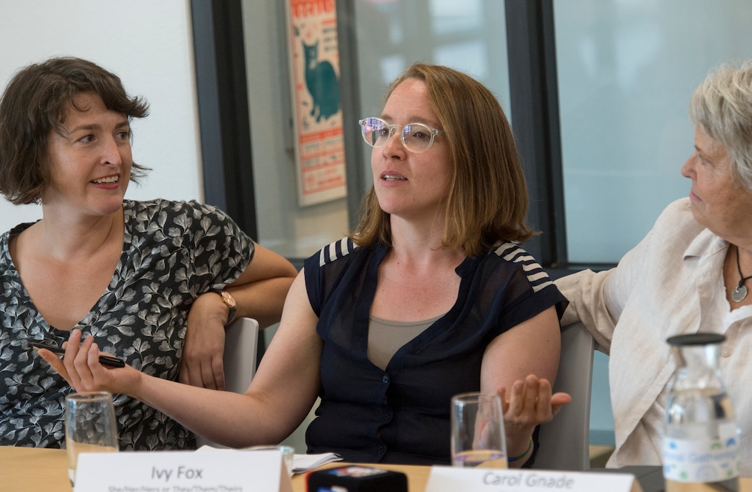 (Rick Egan  |  The Salt Lake Tribune)    Leah Farrell (left) and Ivy Fox (center), original plaintiffs from the East High Gay/Straight Alliance vs. Board of Education of Salt Lake City, join Carol Gnade (right)  during a panel discussion on the 20th anniversary of a landmark lawsuit, at the Utah Pride Center, Friday, Aug. 3, 2018.