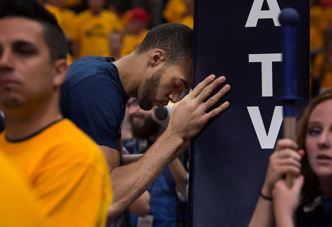 (Scott Sommerdorf | The Salt Lake Tribune)Utah Jazz center Rudy Gobert (27) concentrates during a  quiet moment during pre game stretching.The Thunder led the Jazz 22-18 at the end of the 1st quarter during Game 6 of the first round playoff game, Friday, April 27, 2018.
